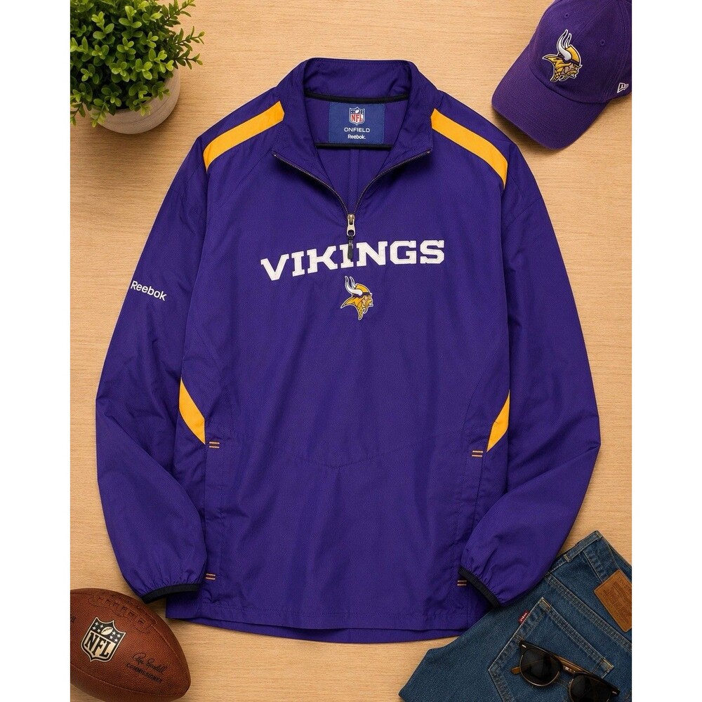 Reebok NFL Minnesota Vikings Pullover Jacket Men XL Purple‎ 1/4 Zip On Field